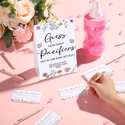 Roowest 512 Pcs Baby Shower Games Guess How Many Pacifiers Sign 100 Small Guessing Games 10 HB Pencils 750ml Milk Bottle 400 Acrylic Pacifiers Decoration for Guest Gender Reveal(Pink,Bear)