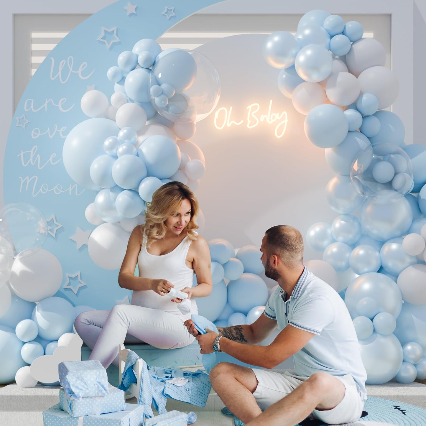 Blue Balloon Arch Kit, 127Pcs Double Stuffed Balloon Arch Garland Kit Include Pearl Blue Macaron Light blue White Clear Balloons for Bridal Shower Baby Shower Birthday Wedding Decorations