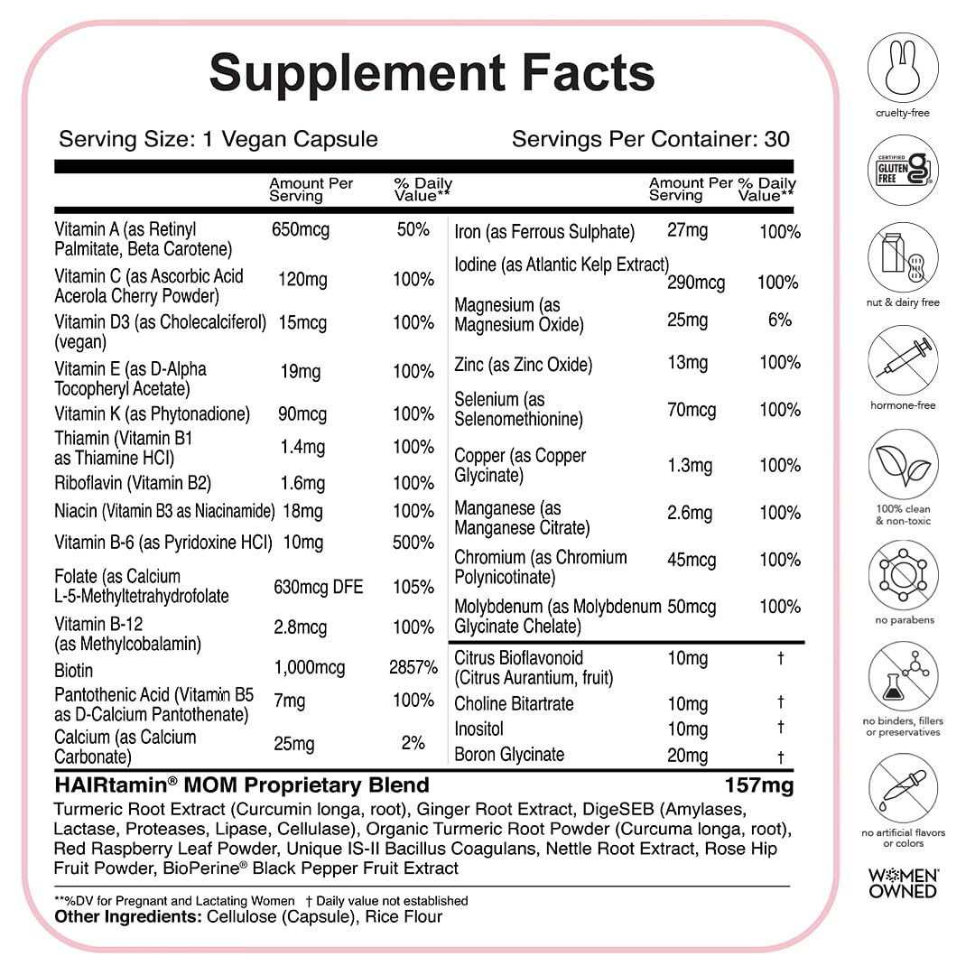 HAIRtamin MOM Vegan Prenatal & Postnatal Multivitamin Supplement & Hair Vitamin Pregnancy, Postpartum, Breastfeeding Probiotic One-a-Day Hair Vitamins with Biotin, Zinc, Iron (30 Counts)