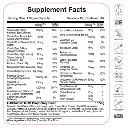 HAIRtamin MOM Vegan Prenatal & Postnatal Multivitamin Supplement & Hair Vitamin Pregnancy, Postpartum, Breastfeeding Probiotic One-a-Day Hair Vitamins with Biotin, Zinc, Iron (30 Counts)