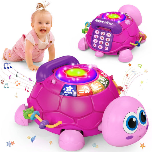 Hanayo Baby Musical Turtle Crawling Girl Toys for 6-18 Months，Infant Early Learning Educational Toy，Baby Girl Gift Essentials for Newborn 7 8 9 11+ Months 1-2 Year Old(Pink)
