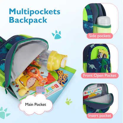 mommore Toddler Backpack for Boys 2-4, 3D Cartoon Mini Kids Travel Bag, Small Baby Backpack with Toddler Leash, Chest Buckle, Water-Resistant Pre-K Schoolbag, Dinosaur