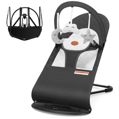 HKAI Baby Bouncer, Portable Baby Bouncer Seat for Babies 0-18 Months, 100% Cotton Fabrics, 3 Modes of use with Rocker and Stationary Options, Infant Rocker Chair with Hanging Toys-Organic Oat