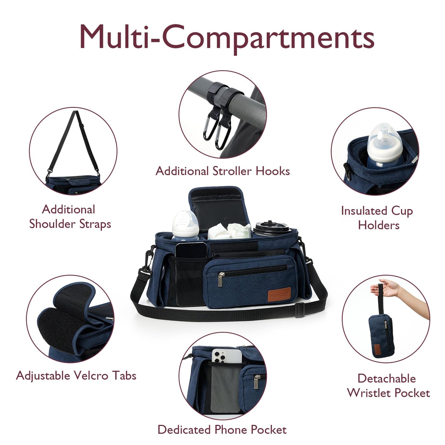 Momcozy Universal Stroller Organizer, 2 Insulated Cup Holders, Removable Zip Pocket, Adjustable Straps, Large Capacity Baby Essentials Compact Design, Fits Any Stroller (Multicolor)