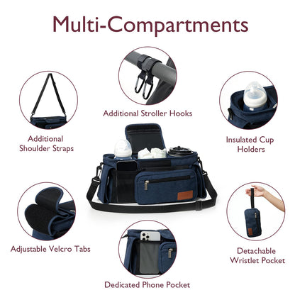 Momcozy Universal Stroller Organizer, 2 Insulated Cup Holders, Removable Zip Pocket, Adjustable Straps, Large Capacity Baby Essentials Compact Design, Fits Any Stroller (Multicolor)