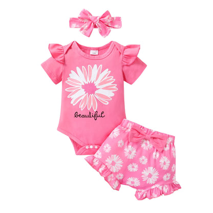 Tiny Cutey Baby Girl Clothes Infant Summer Outfits Set Ruffle Sleeve Romper and Floral Shorts with Headband