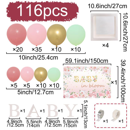 Baby in Bloom Baby Shower Decorations - 116pcs Pink and Sage Green Balloon Arch Kit, BABY in Bloom Backdrop and Baby Boxes with Letters for Pink Floral Baby Shower Decorations for Girl