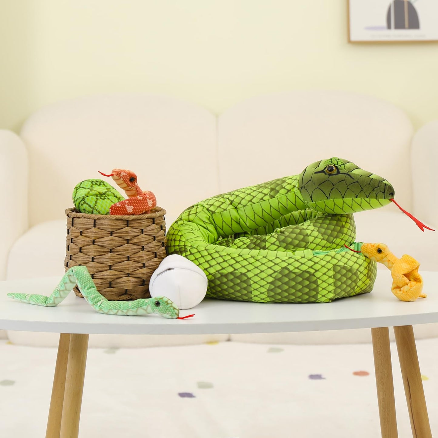MorisMos Snake Stuffed Animals Plush Toy 120 Inch Giant Snake Plush with Babies Stuffed Snake Toys for Kids Plush Party Decorations Favors Prank Props, 4 Snake Babies, 3 Snake Eggs