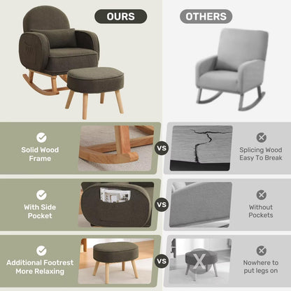 Rocking Chair with Ottoman, Upholstered Glider Rocker with High Backrest and Side Pocket, Rocking Accent Armchair with Solid Wood Legs for Nursery, Living Room, Bedroom Green