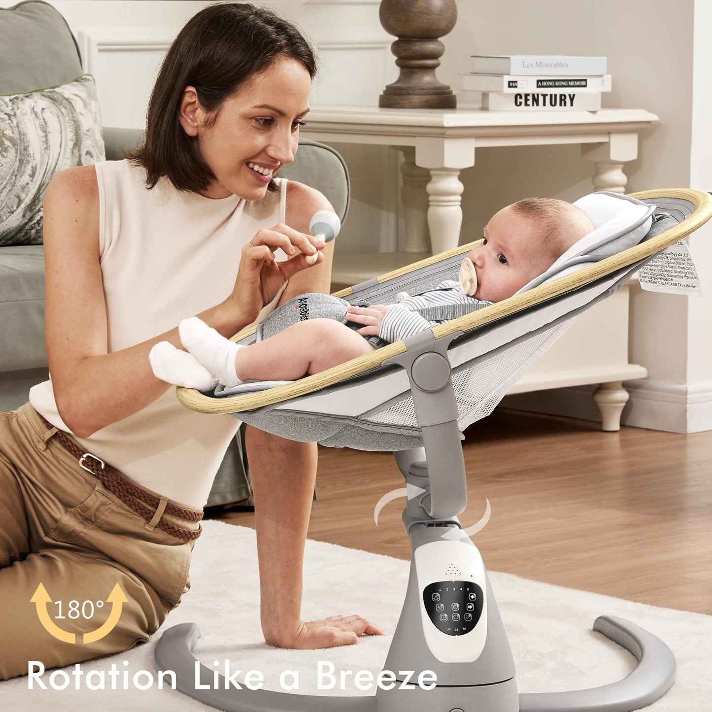 Angelbliss Baby Swing with Cry Detection, Side-to-Side Electric Swing with 5 Speeds, 180° Rotation, Indoor for Infants and Toddlers (Black)