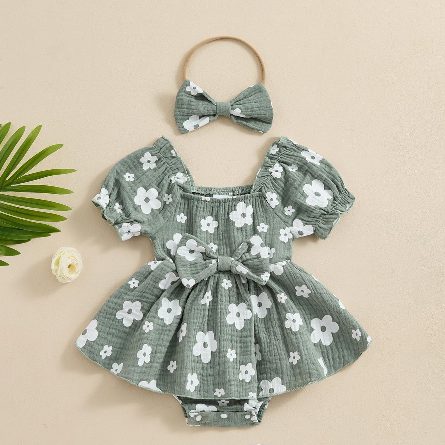 Baby Girls Daisy Romper Bowknot Bodysuit+Headband Short Sleeve Playsuits Floral Jumpsuit Infant Summer Clothes