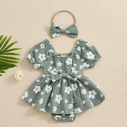 Baby Girls Daisy Romper Bowknot Bodysuit+Headband Short Sleeve Playsuits Floral Jumpsuit Infant Summer Clothes