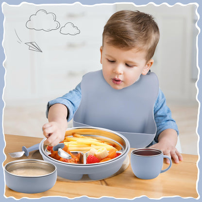 Nuogo 6 Pcs 304 Stainless Steel Kids Plates and Bowls Set Stainless Steel Suction Bowls and Toddler Cup with Removable Silicone, Forks Spoons Pocket Bib for Baby Toddle(Pink,Round)