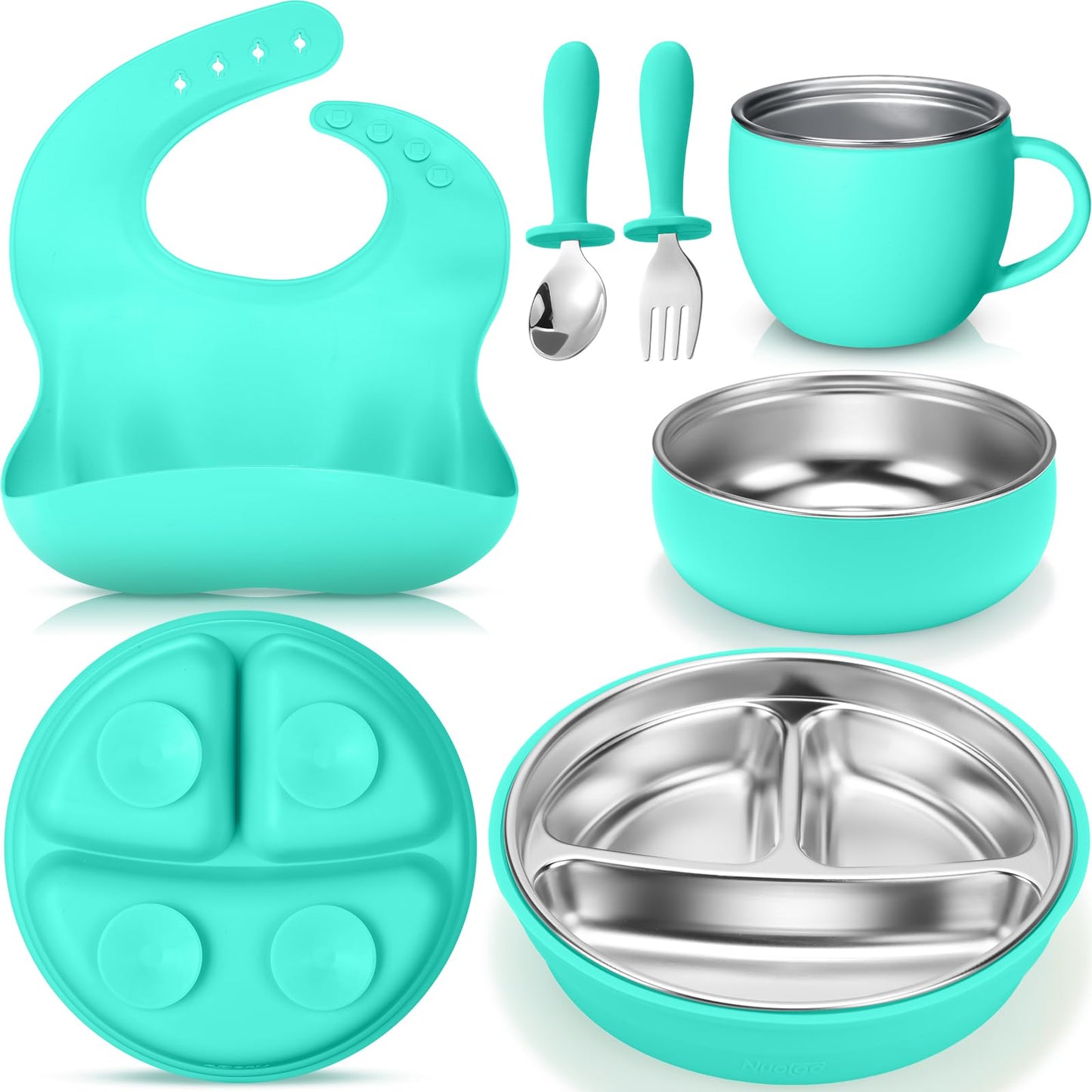Nuogo 6 Pcs 304 Stainless Steel Kids Plates and Bowls Set Stainless Steel Suction Bowls and Toddler Cup with Removable Silicone, Forks Spoons Pocket Bib for Baby Toddle(Pink,Round)
