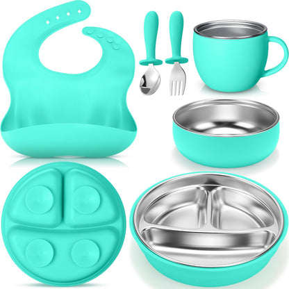 Nuogo 6 Pcs 304 Stainless Steel Kids Plates and Bowls Set Stainless Steel Suction Bowls and Toddler Cup with Removable Silicone, Forks Spoons Pocket Bib for Baby Toddle(Pink,Round)