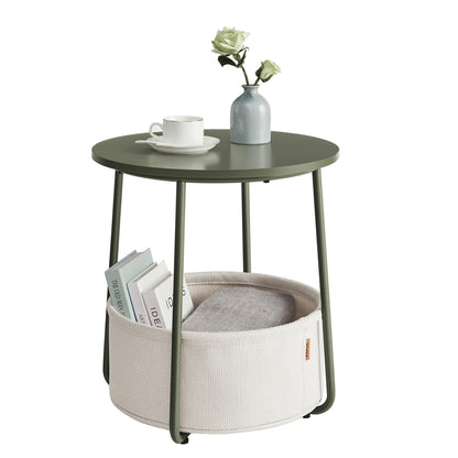 VASAGLE End Table, Small Bedside Table with Fabric Basket, Modern Nightstand, Round Side Table, for Living Room, Bedroom, Matte White and Camel Brown ULET223W10