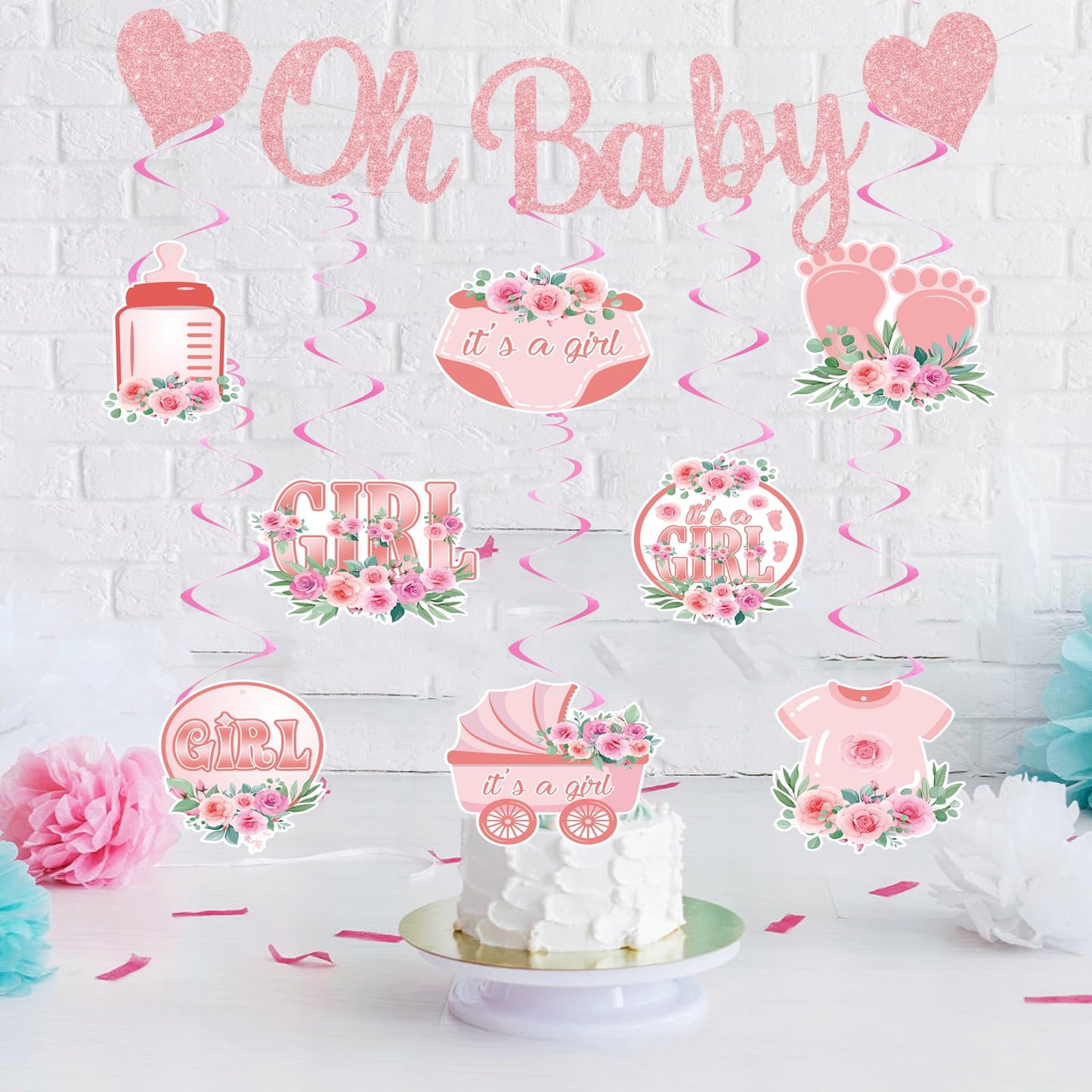 Pre-Strung Baby Shower Banner Oh Baby Sign Rose Gold Glittery Letters | Teddy Bear Gender Reveal Decorations | Baby Sprinkle Decorations for Girl Boy | Baby Gender Reveal Party Decoration Supplies