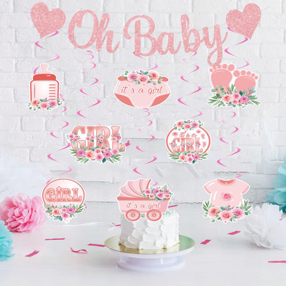 Pre-Strung Baby Shower Banner Oh Baby Sign Rose Gold Glittery Letters | Teddy Bear Gender Reveal Decorations | Baby Sprinkle Decorations for Girl Boy | Baby Gender Reveal Party Decoration Supplies