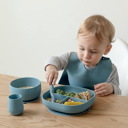 SAMiGO Silicone Baby Utensils - Self Feeding Spoons and Tiny Training Cup - First Stage Baby Led Weaning Supplies for 6 Months+ Infants - Set of 3