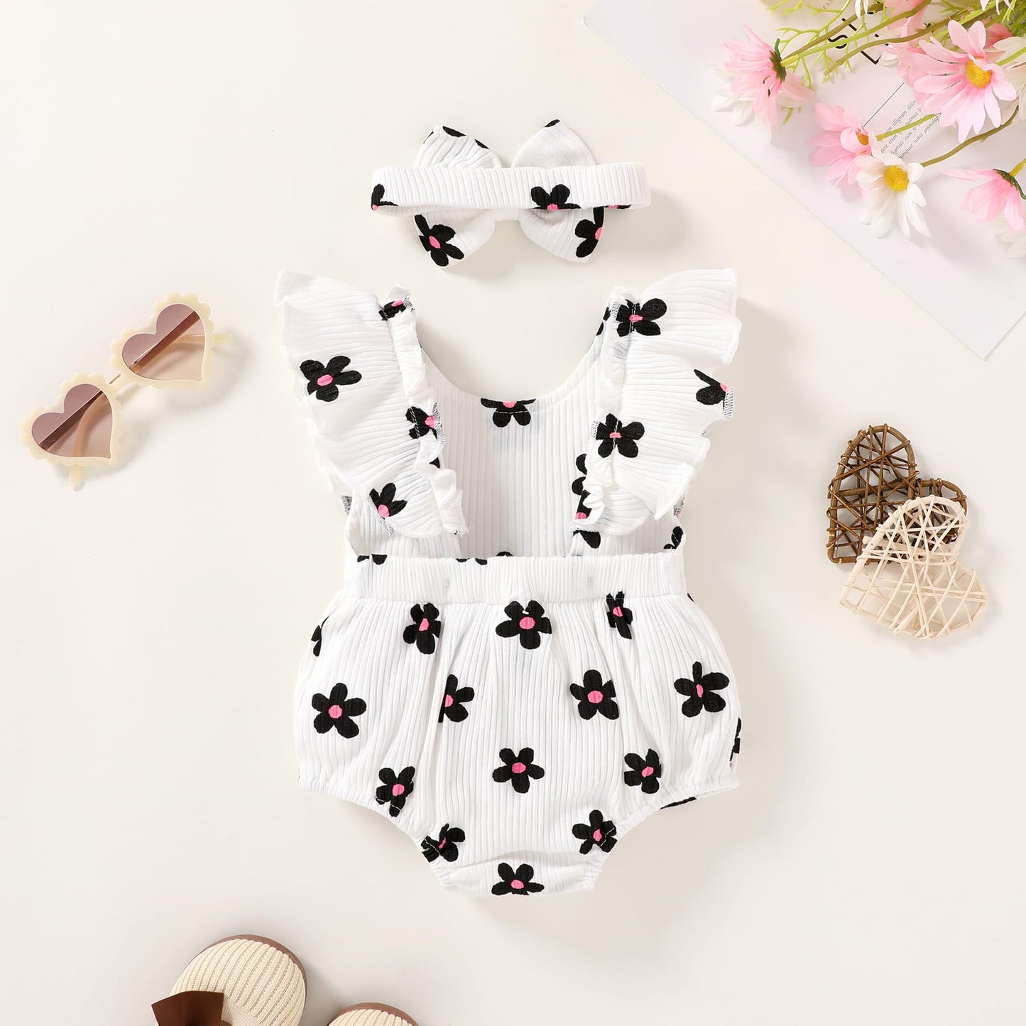 YOUNGER TREE Newborn Baby Girl Clothes Ruffle Sleeve Rompers Infant Backless Floral Jumpsuit Summer Outfits with Headband