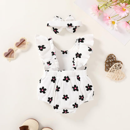 YOUNGER TREE Newborn Baby Girl Clothes Ruffle Sleeve Rompers Infant Backless Floral Jumpsuit Summer Outfits with Headband