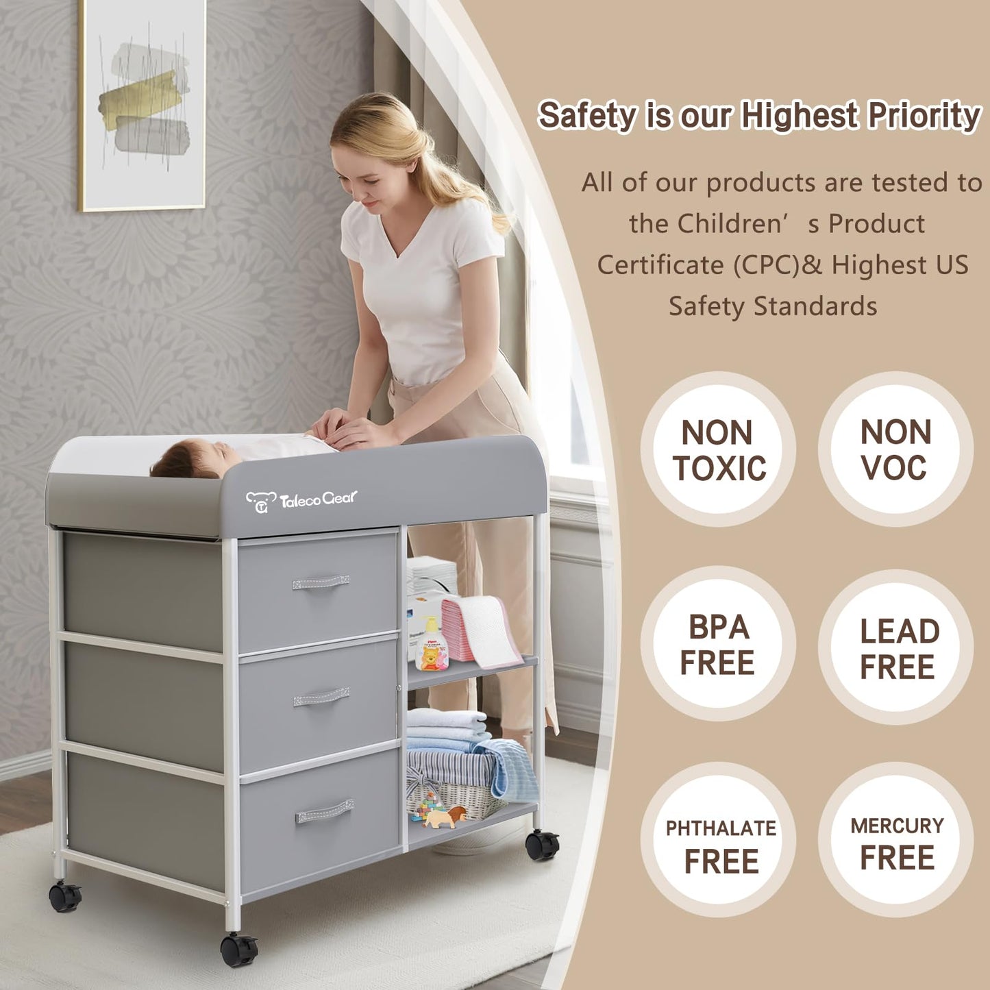 G TALECO GEAR Baby Changing Table, Portable Changing Table, Diaper Changing Station with Waterproof Pad, Changing Table Dresser with 3 Storage Baskets, Mobile Nursery Organizer for Newborn Essentials