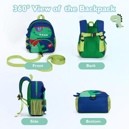 mommore Toddler Backpack for Boys 2-4, 3D Cartoon Mini Kids Travel Bag, Small Baby Backpack with Toddler Leash, Chest Buckle, Water-Resistant Pre-K Schoolbag, Dinosaur