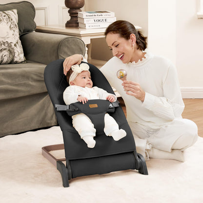 Foldable Baby Bouncer, Baby Seat with 3 Adjustable Heights, Portable Newborn Rocker, Ergonomic Bouncy Seat for Natural Bounce, Bouncer for Babies 0-6 Months, Soft Cotton (Beige)