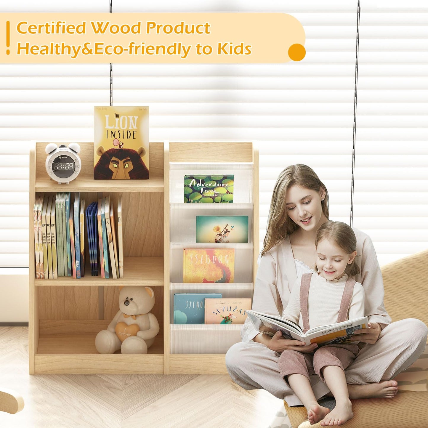 White Kids Bookshelf Wood Toy Storage Organizer Cabinet Children Bookcase Toddler Baby Sling Book Rack 3 Cube Bins Fabric Drawers for Playroom Bedroom Nursery School