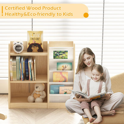 White Kids Bookshelf Wood Toy Storage Organizer Cabinet Children Bookcase Toddler Baby Sling Book Rack 3 Cube Bins Fabric Drawers for Playroom Bedroom Nursery School