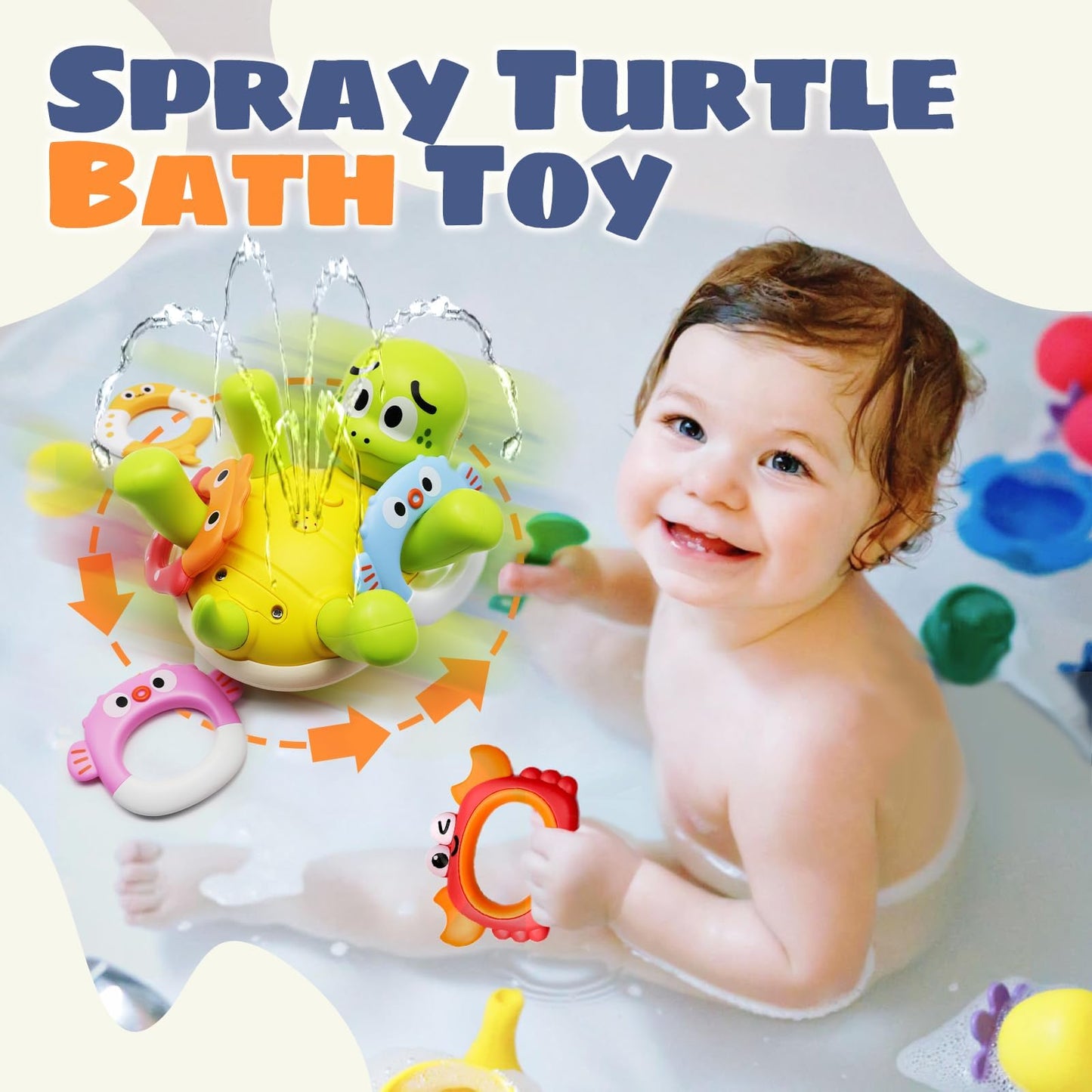 Sizobi Baby Bath Toys, Rechargeable Turtle Bath Toy Sprinkler for Kids Toddler with 5 Rings, Bathtub Fountain Spray Toy for Baby, Mold Free Bath Toys for Kids Ages 1-3 4 5 6 Year Old Girl Boys Gifts