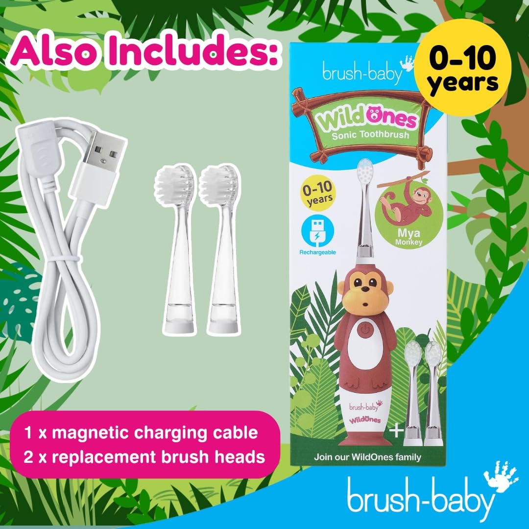 brush-baby WildOnes™ Rechargeable Kids Electric Toothbrush – Toby Tiger | Flashing Lights, 2-Min Timer, Waterproof, 3 Brush Heads | Toddler & Child Toothbrush Ages 0-10 | Soft Bristles