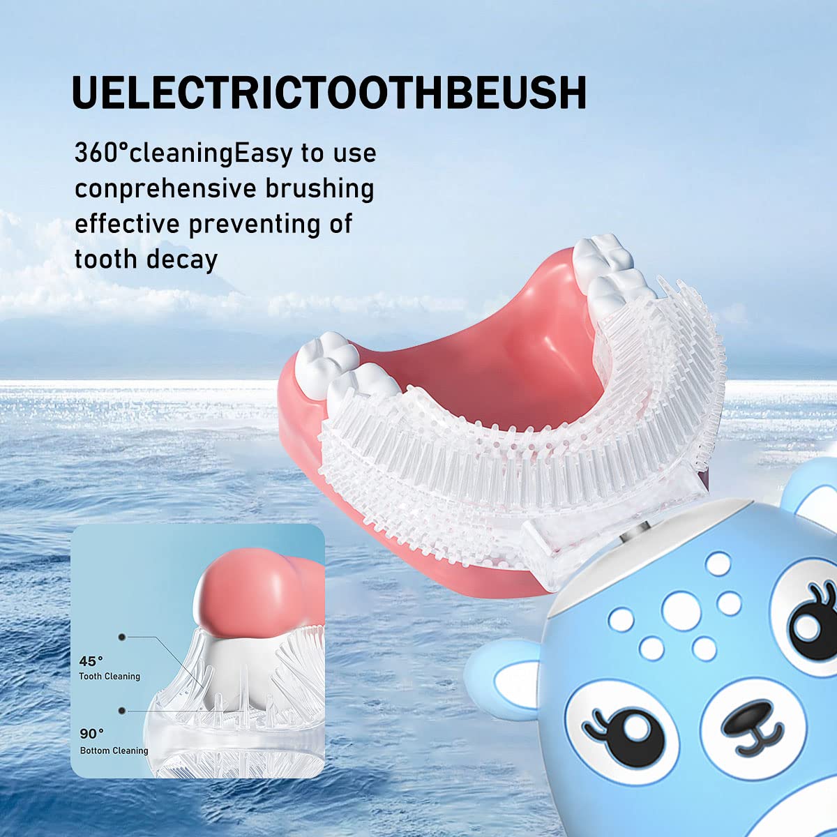 Kids Electric Toothbrush U Shaped Toddler Auto Sonic Toothbrushes with 5 Brush Head,Cartoon Dinosaur Ultrasonic Toothbrushes for Children 2-12 Years,360° Full Mouth Cleaning Automatic