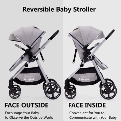 2-in-1 Baby Stroller with Bassinet Mode - Folding Infant Newborn Pram Stroller with Reversible Seat - Toddler Strollers for 0-36 Months Old Babies (Beige)