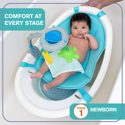 Ingenuity Room to Soak 4-in-1 Baby Bath Tub, Newborn to Toddler, Adjustable Full Coverage Sling, Supportive Seat, Includes 2 Pour & Rinse Cups, Easy Release Drain Plug, 0M+