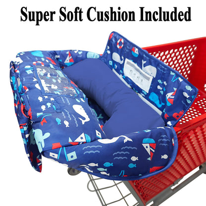 Soft Pillow Attached 2-in-1 Shopping Cart and High Chair Cover for Baby, Cotton Padded Cart Cover, Fold'n Roll Style, Portable with Carry Bag (Blue Elephant)