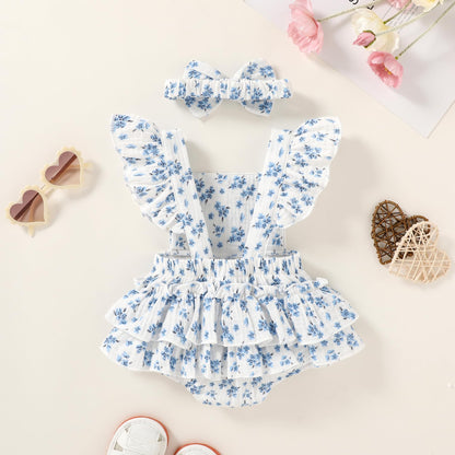 Happy Town Baby Girl Clothes Toddler Summer Linen Romper Sleeveless Ruffle Outfits Infant Girls Jumpsuit with Headband