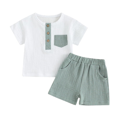 fhutpw Baby Boy Summer Outfits Henley Shirt Soft Pocket Short Sleeve Tops & Shorts Sets Infant 3 6 12 18 Months 2T Clothes