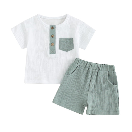 fhutpw Baby Boy Summer Outfits Henley Shirt Soft Pocket Short Sleeve Tops & Shorts Sets Infant 3 6 12 18 Months 2T Clothes