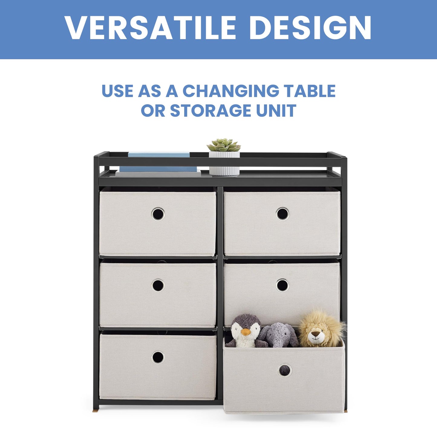 Delta Children Hayes Changing Table and Dresser for Bedroom with 6 Fabric Drawers, Charcoal Grey/Flax