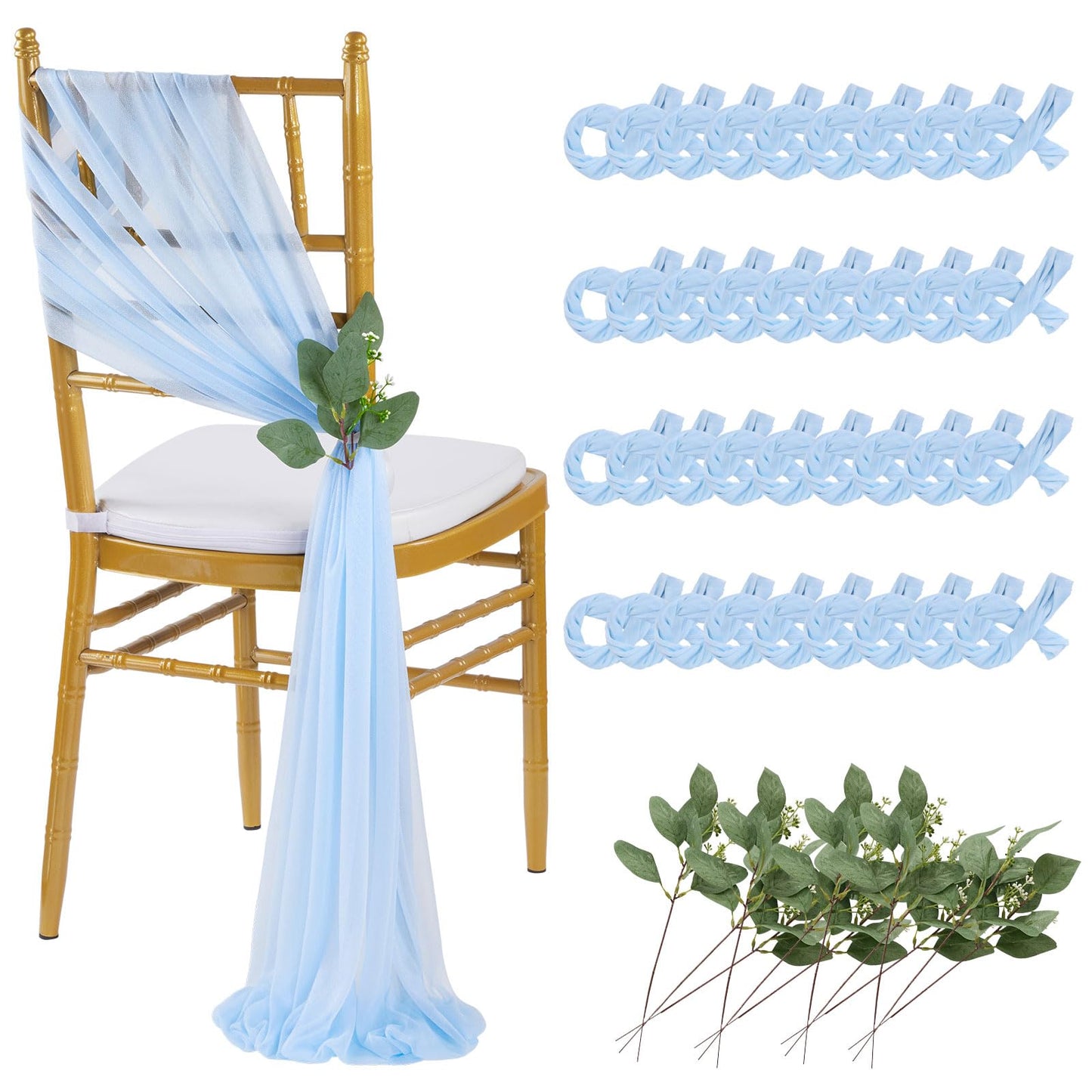 QueenDream Light Blue Sashes Chair Aisle Decorations: 24 Pack Baby Shower Chair Cover 8FT Long Tulle Draping Fabric Wedding Reception Church