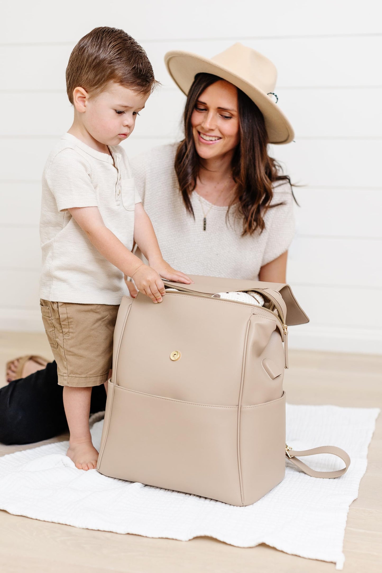 Leather Diaper Bag Backpack with USB Charging port, Changing Pad, Stroller Straps, and Bottle Holder (Brown Olivia)