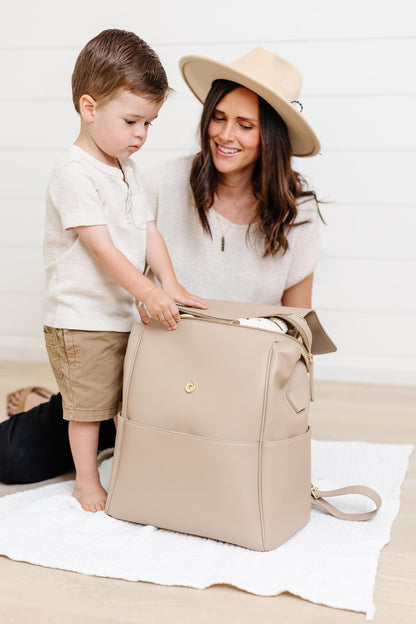 Leather Diaper Bag Backpack with USB Charging port, Changing Pad, Stroller Straps, and Bottle Holder (Brown Olivia)