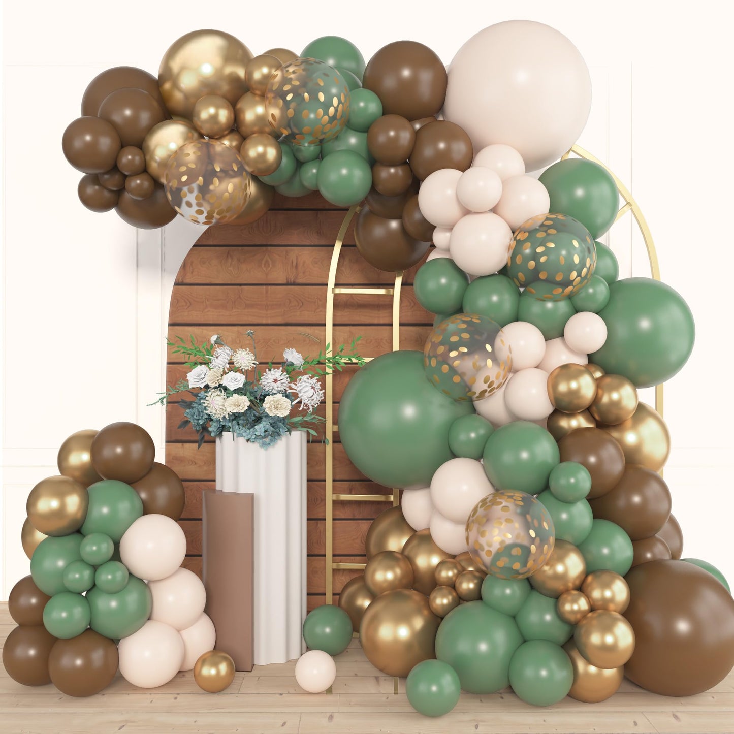 Amandir 153pcs Sage Green Balloon Garland Arch Kit, Different Sizes 18 12 10 5 inch Green Blush Gold Latex Metallic Confetti Gold Balloons for Birthday Baby Shower Wedding Safari Forest Decorations
