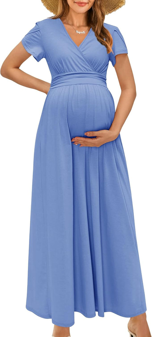OUGES Maternity Maxi Dress Wrap V Neck Baby Shower Pregnancy Dresses for Photoshoot
