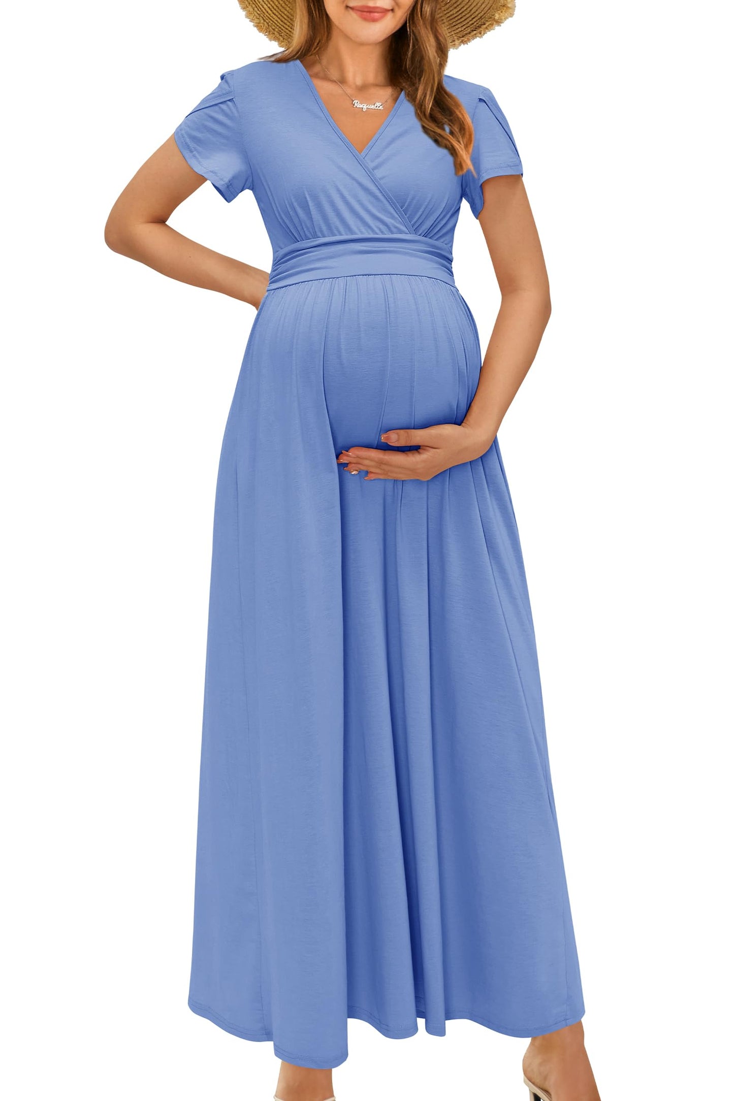 OUGES Maternity Maxi Dress Wrap V Neck Baby Shower Pregnancy Dresses for Photoshoot