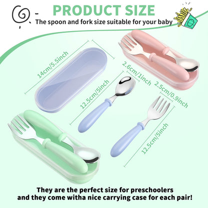 9 Pieces Toddler Utensils Stainless Steel Fork and Spoon Safe Baby Silverware Set, Kid Safe Utensils Children's Flatware Kids Cutlery Set with Round Handle for LunchBox (Blue, Green, Pink)