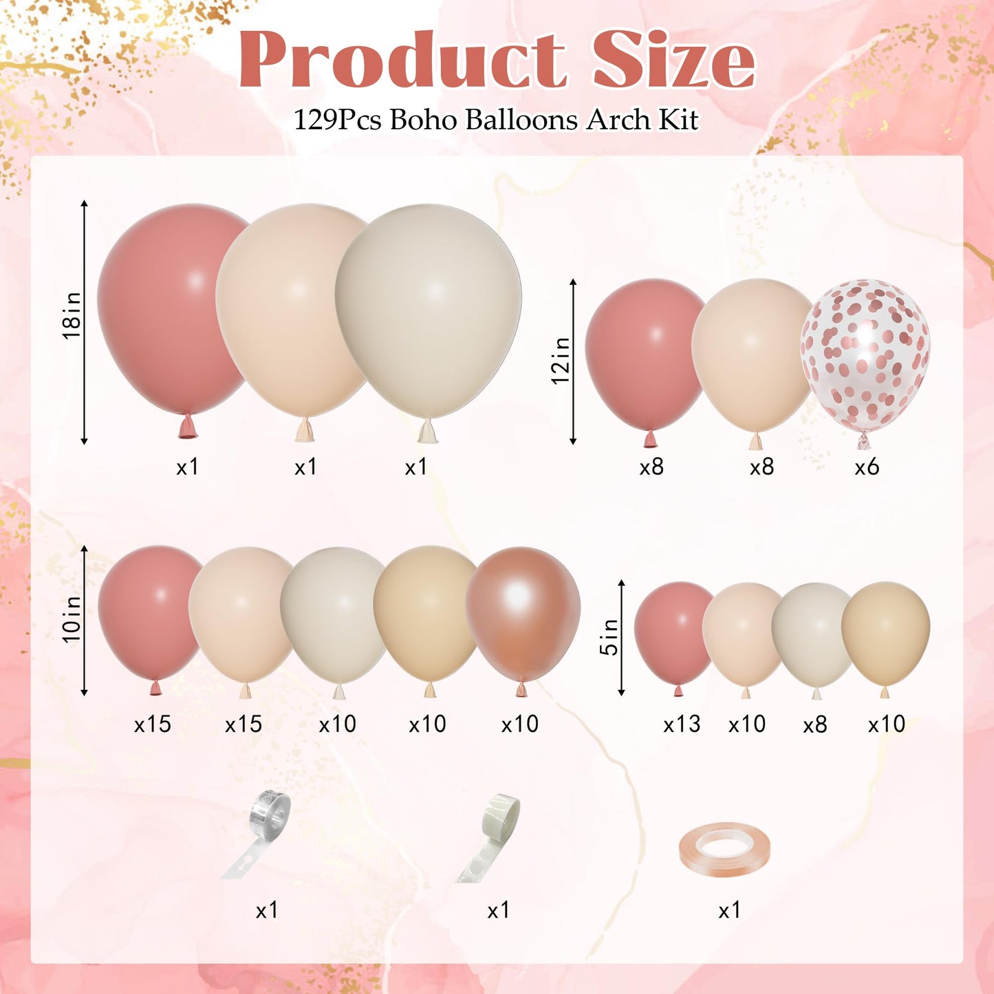 Ouddy Party Dusty Pink Balloons Arch Garland Kit, Different Sizes 18 12 10 5 Inch Boho Pink White Sand Latex Metallic Confetti Balloon for Girl Baby Shower Mothers Day Birthday Party Decorations