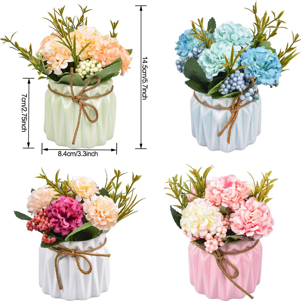 XONOR Artificial Flower Plants – Mini Fake Hydrangea Flowers in Pot for Home Decor Party Wedding Office Patio Table Desk Decoration, Set of 4, 3.3''(D) x 5.5''(H)