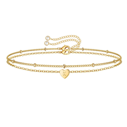 Turandoss Dainty Heart Initial Bracelets for Women Girls, 14K Gold Filled Handmade Personalized Letter Layered Heart Initial Bracelets for Women Teen Girls Jewelry Gifts